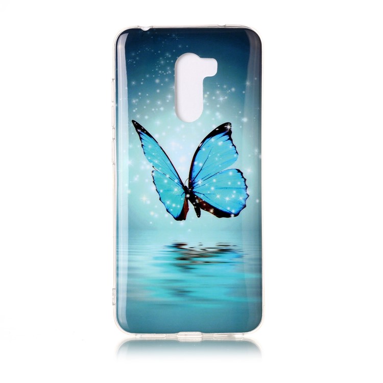 Tampa de TPU Macia Com Estampamento IMD Luminoso Para Xiaomi Pocophone F1 / Poco F1 (índia) - Borboleta Azul Brilhante