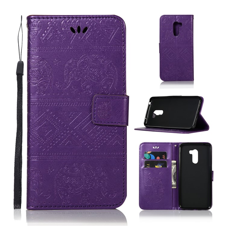 For Xiaomi Pocophone F1 Poco F1 (India) Imprinted Elephant Stand Wallet Leather Phone Casing - Purple-1