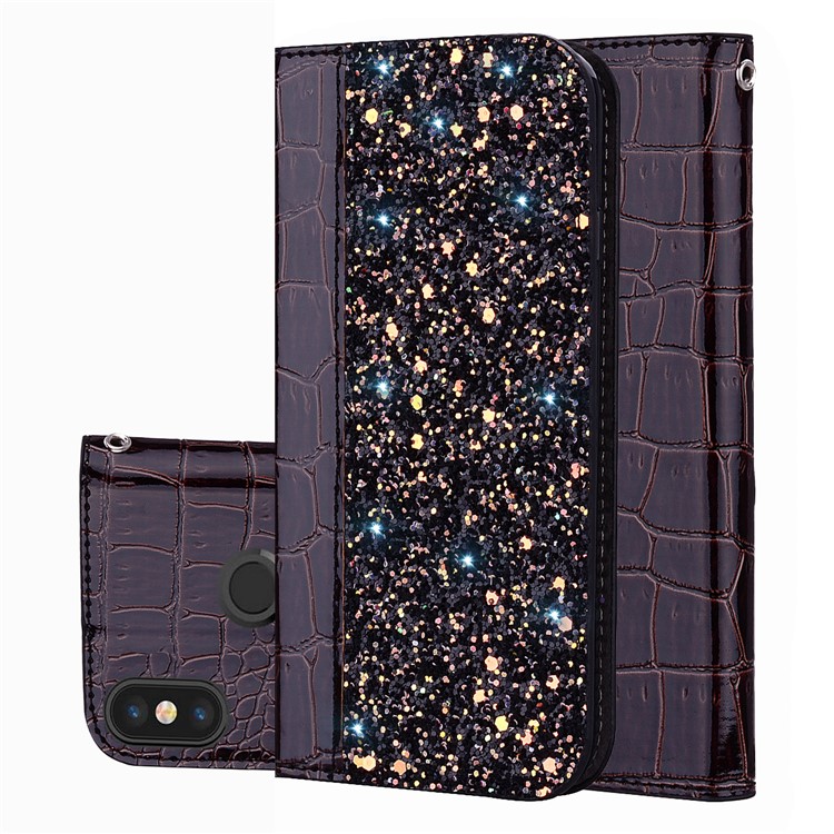 Crocodile Texture Glittery Sequins Splicing PU Leather Auto-absorbed Phone Case for Xiaomi Mi A2 / Mi 6X - Black-1