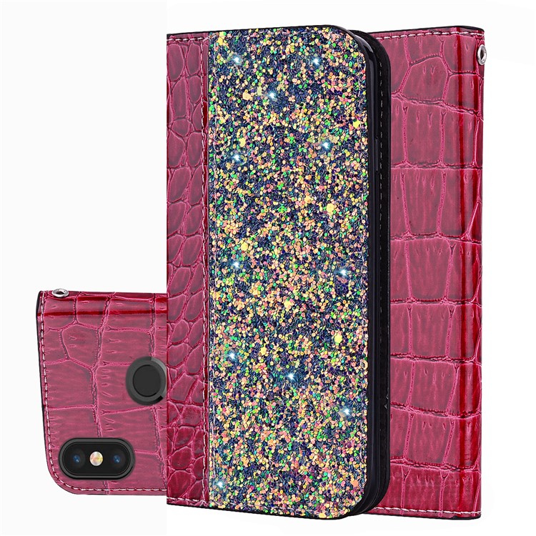 Crocodile Texture Glittery Sequins Splicing PU Leather Auto-absorbed Protection Case for Xiaomi Mi A2 / Mi 6X - Red-1