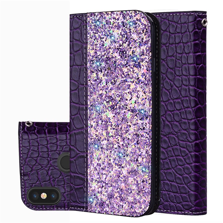 Crocodile Texture Glittery Sequins Splicing PU Leather Auto-absorbed Phone Cover Case for Xiaomi Mi A2 / Mi 6X - Dark Purple-1