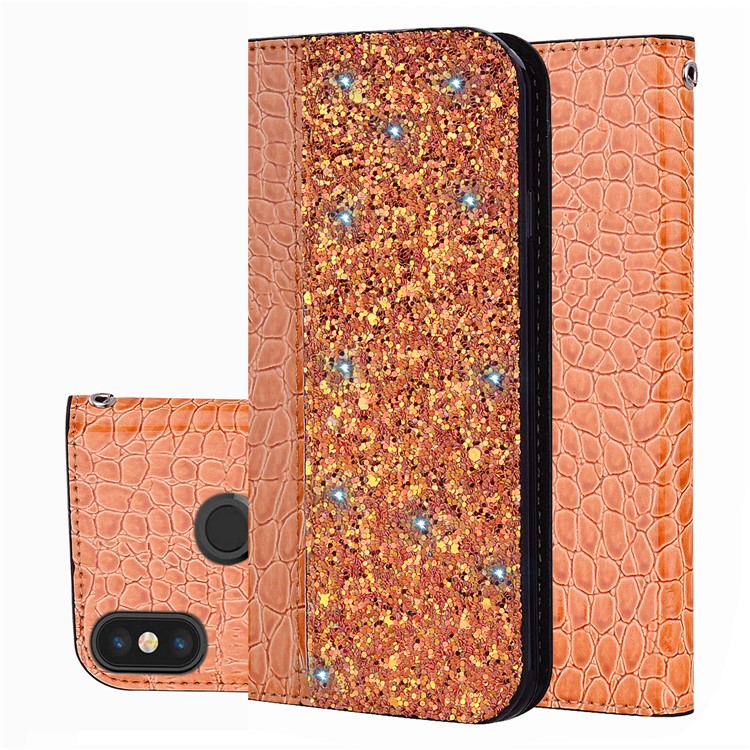 Crocodile Texture Glittery Sequins Splicing PU Leather Auto-absorbed Phone Cover Shell Case for Xiaomi Mi A2 / Mi 6X - Orange-1
