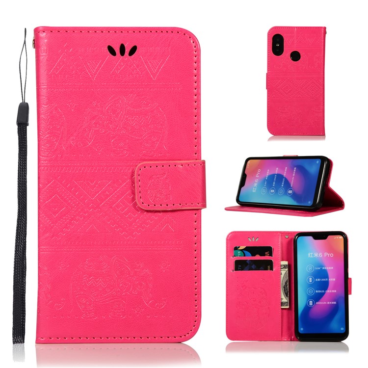 Imprinted Elephant Flip Leather Wallet Stand Case for Xiaomi Mi A2 Lite / Redmi 6 Pro - Rose-1
