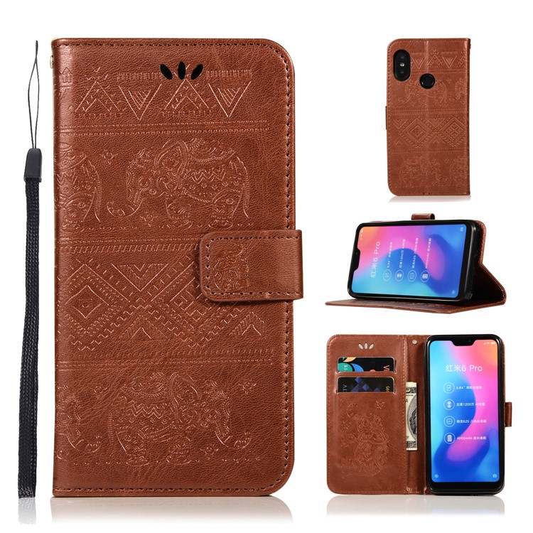 Imprinted Elephant Flip Leather Stand Wallet Case for Xiaomi Mi A2 Lite / Redmi 6 Pro - Brown-1