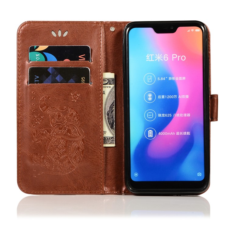 Imprinted Elephant Flip Leather Stand Wallet Case for Xiaomi Mi A2 Lite / Redmi 6 Pro - Brown-4
