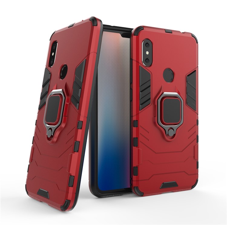 Cool Guard Plastic TPU Hybrid Phone Protection Back Casing with Metal Ring Holder for Xiaomi Redmi Note 6 Pro - Red-1