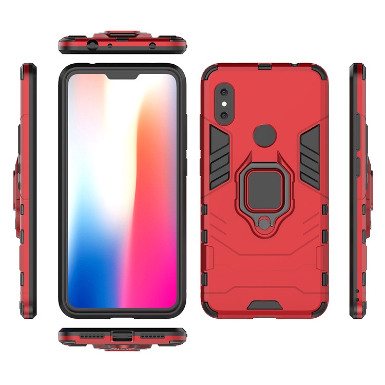 Cool Guard Plastic TPU Hybrid Phone Protection Back Casing with Metal Ring Holder for Xiaomi Redmi Note 6 Pro - Red-6