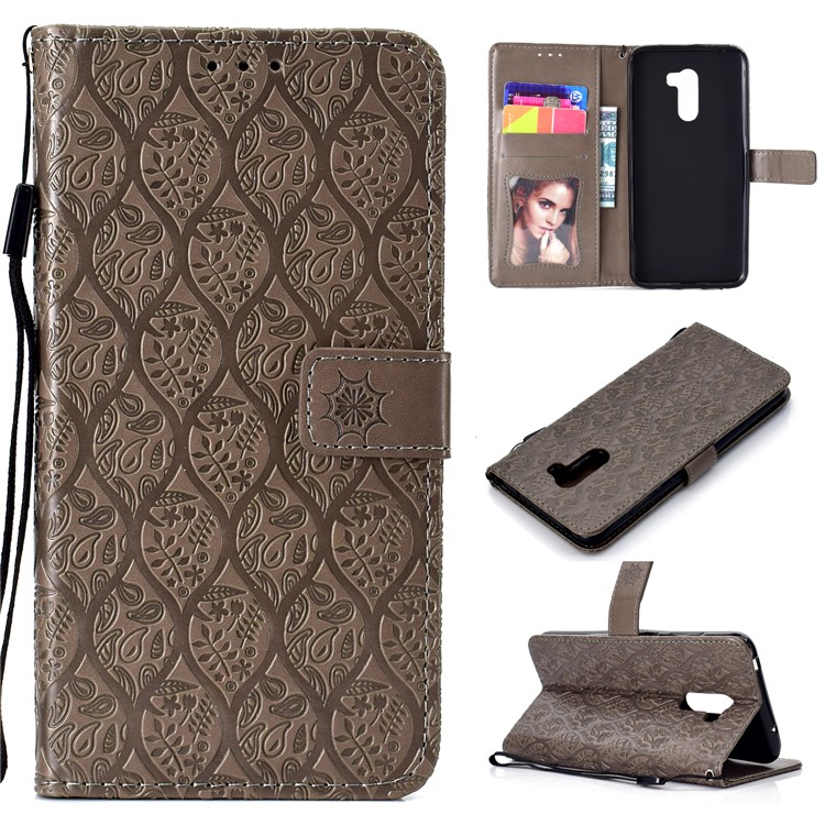 Imprint Leaf Leather Wallet Phone Casing for Xiaomi Pocophone F1 / Poco F1 (India) - Grey-1