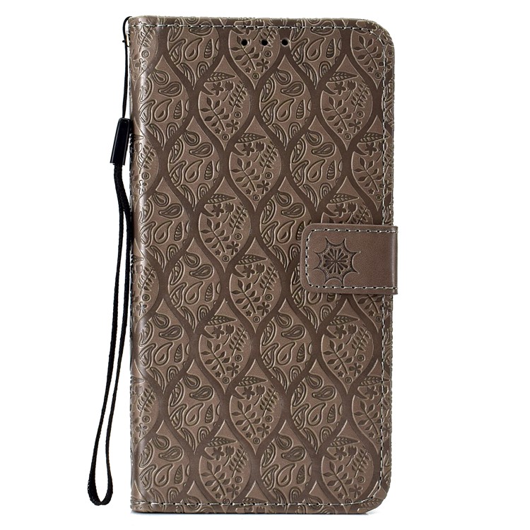 Imprint Leaf Leather Wallet Phone Casing for Xiaomi Pocophone F1 / Poco F1 (India) - Grey-2
