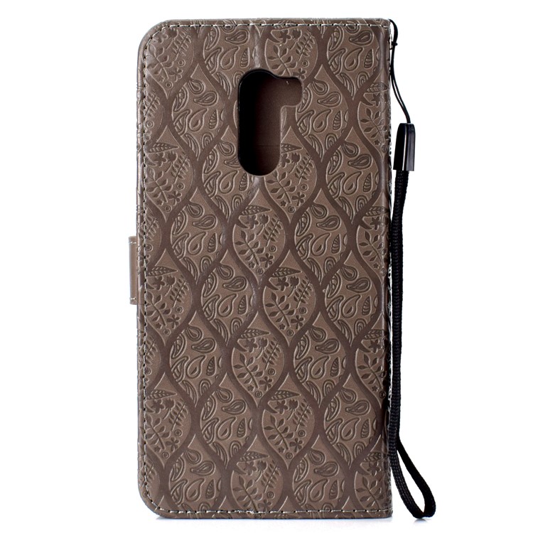 Imprint Leaf Leather Wallet Phone Casing for Xiaomi Pocophone F1 / Poco F1 (India) - Grey-3