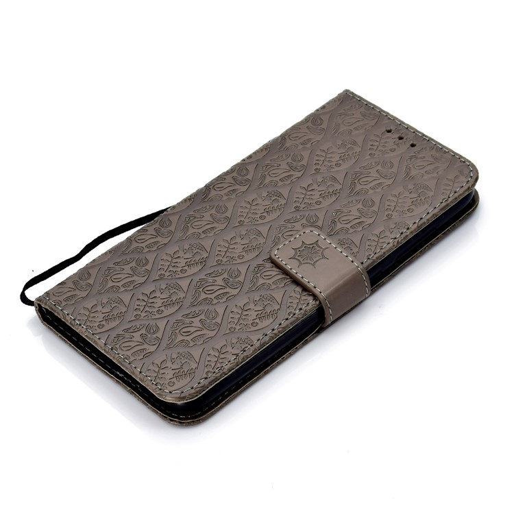 Imprint Leaf Leather Wallet Phone Casing for Xiaomi Pocophone F1 / Poco F1 (India) - Grey-7