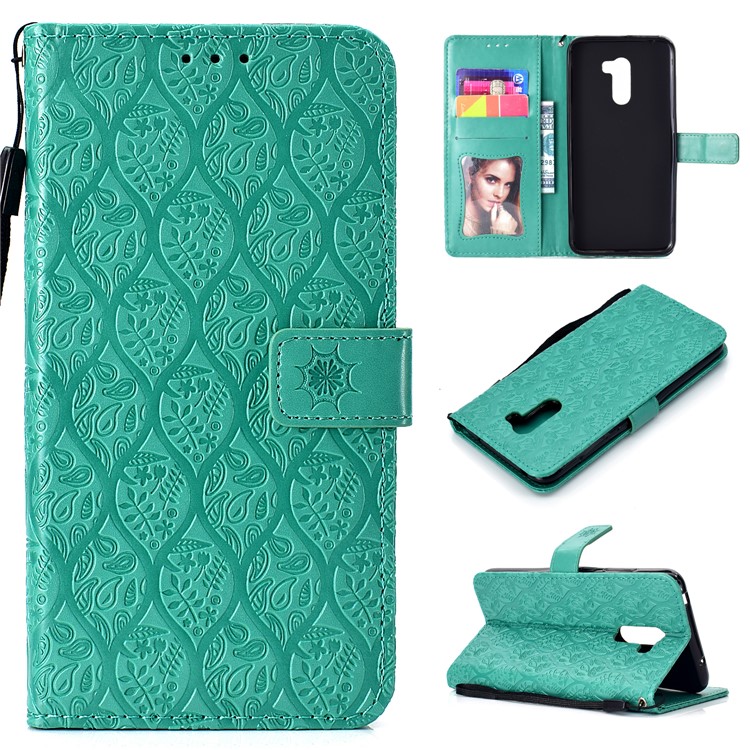 Imprint Leaf Leather Case Wallet Stand Mobile Phone Cover for Xiaomi Pocophone F1 / Poco F1 (India) - Cyan-1