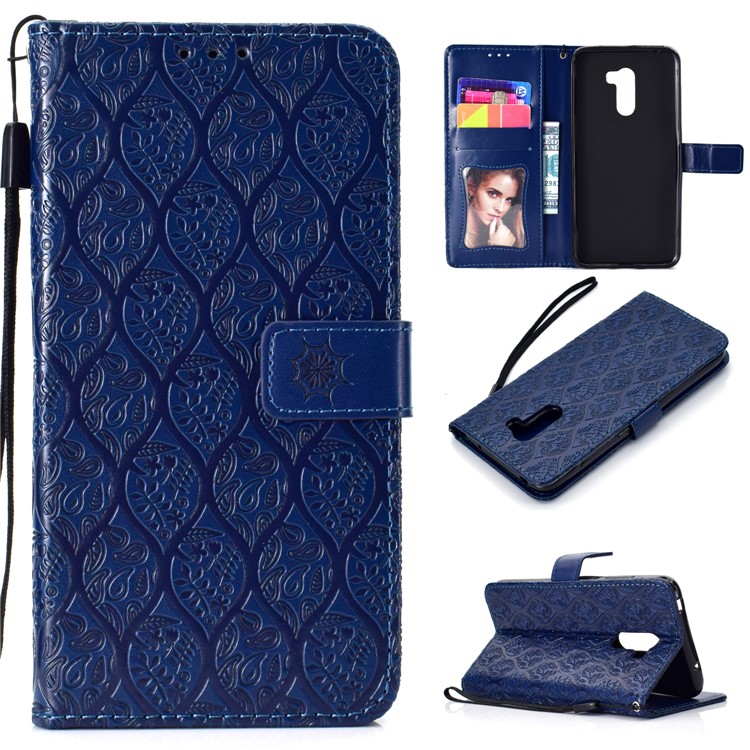 Imprint Leaf PU Leather Flip Case with Card Slots Stand for Xiaomi Pocophone F1 / Poco F1 (India) - Dark Blue-1