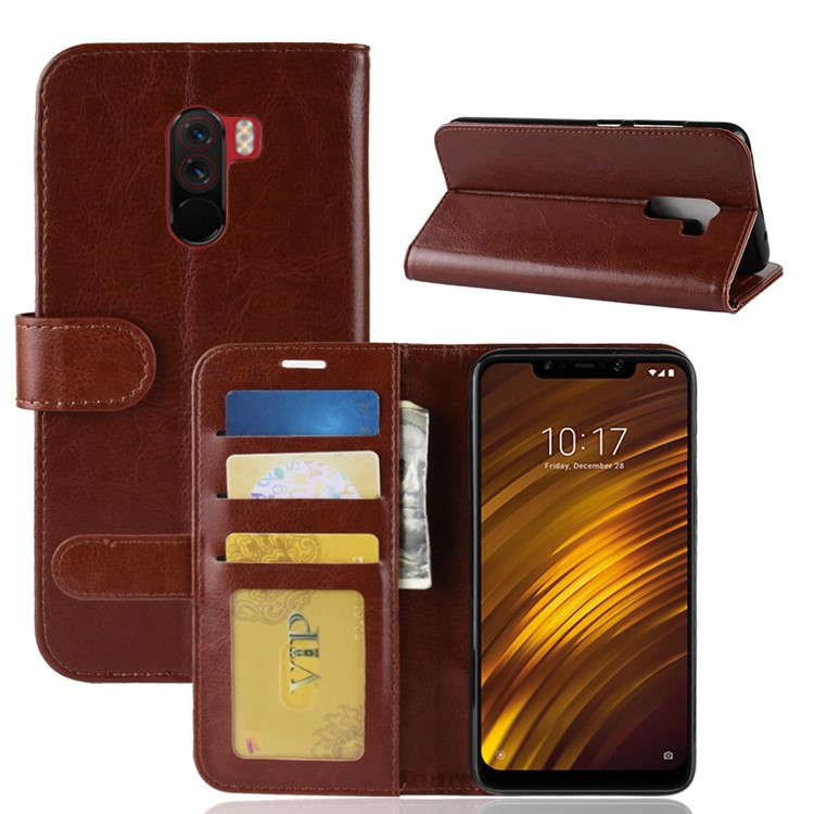 Crazy Horse Magnetic Stand Wallet Leather Mobile Phone Cover for Xiaomi Pocophone F1 / Poco F1 (India) - Brown-1