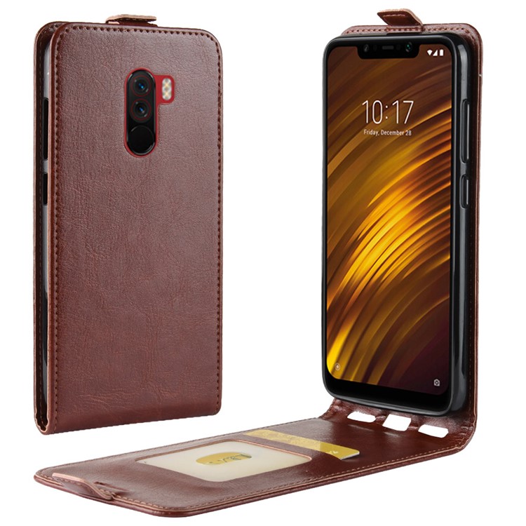 Crazy Horse Texture Vertical Flip Card Holder Leather Shell for Xiaomi Pocophone F1 / Poco F1 (India) - Brown-1