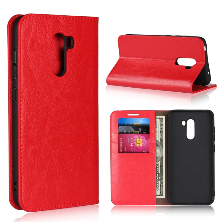 Crazy Horse Genuine Leather Wallet Phone Cover with Stand for Xiaomi Pocophone F1 / Poco F1 (India) - Red-1
