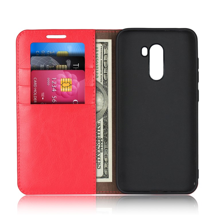 Crazy Horse Genuine Leather Wallet Phone Cover with Stand for Xiaomi Pocophone F1 / Poco F1 (India) - Red-4
