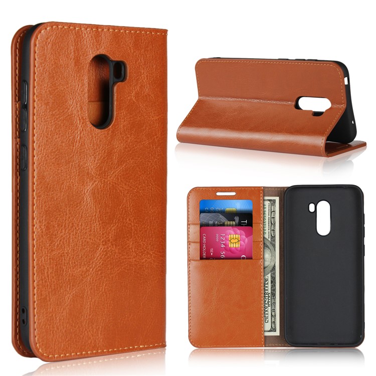 Crazy Horse Genuine Leather Wallet Phone Casing with Stand for Xiaomi Pocophone F1 / Poco F1 (India) - Brown-1