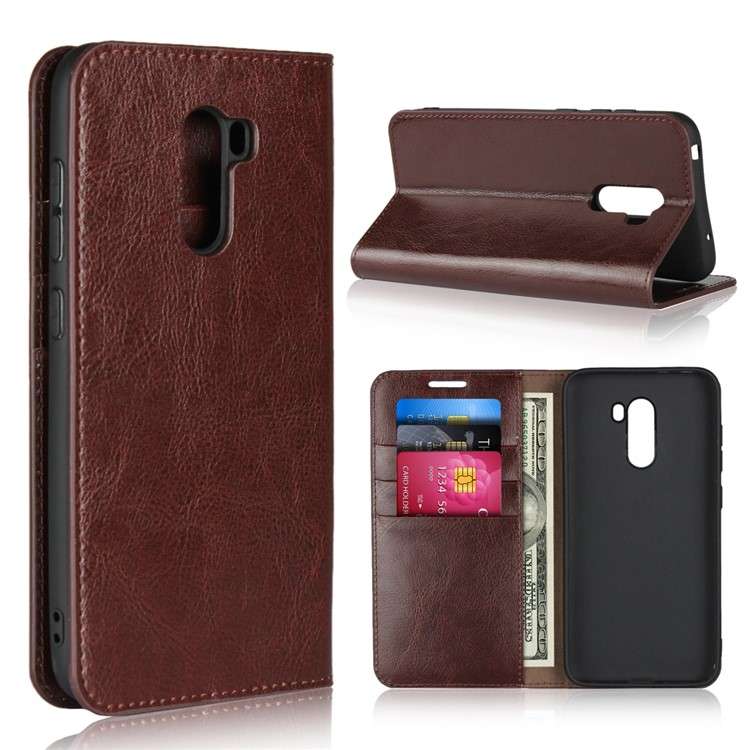 Crazy Horse Genuine Leather Wallet Phone Case with Stand for Xiaomi Pocophone F1 / Poco F1 (India) - Coffee-1