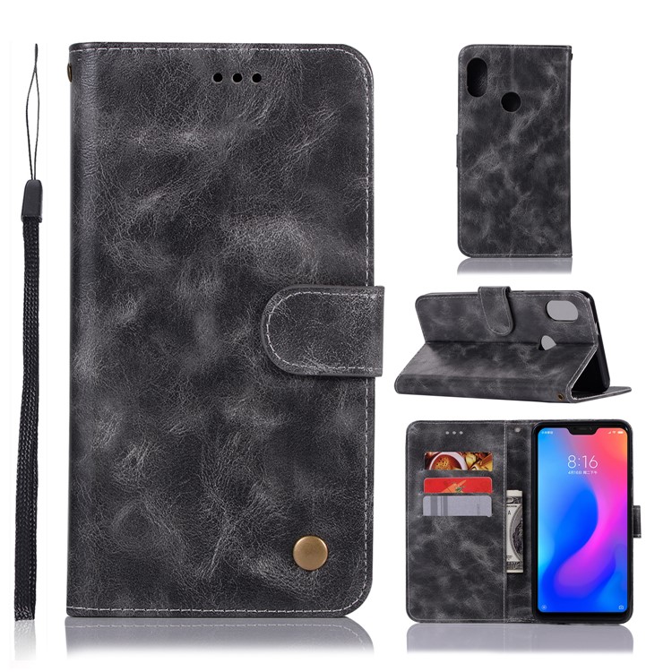 Retro Style PU Leather Folio Cover Case for Xiaomi Redmi Note 6 Pro - Grey-1