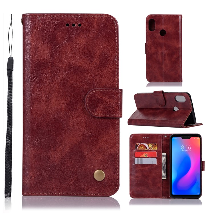 Retro Style PU Leather Folio Flip Accessory Casing for Xiaomi Redmi Note 6 Pro - Wine Red-1