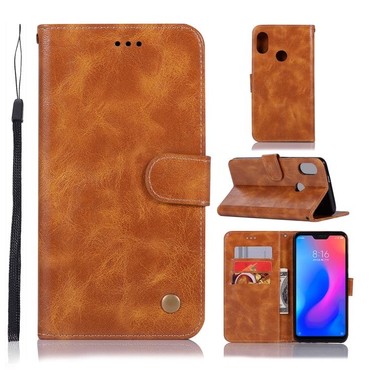 For Xiaomi Redmi Note 6 Pro Retro Style Leather Wallet Stand Mobile Phone Cover - Brown-1