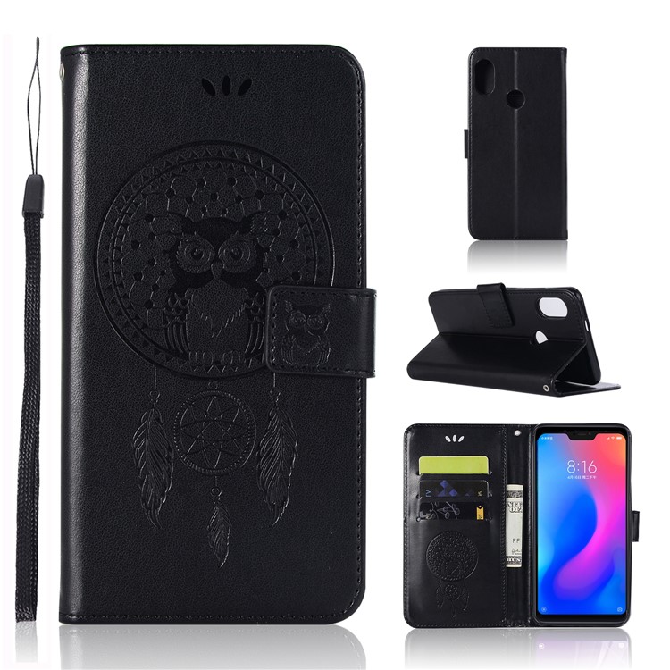 Imprint Owl Dream Catcher Wallet Stand Leather Case for Xiaomi Redmi Note 6 - Black-1