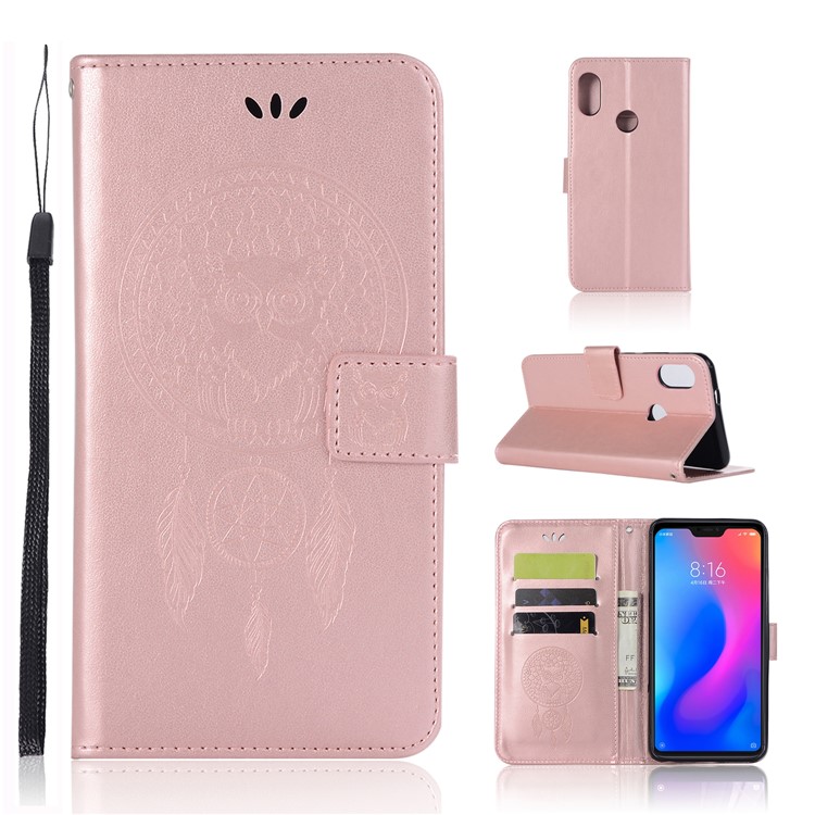 Imprint Owl Dream Catcher Wallet Stand Leather Cover Shell for Xiaomi Redmi Note 6 Pro - Rose Gold-1