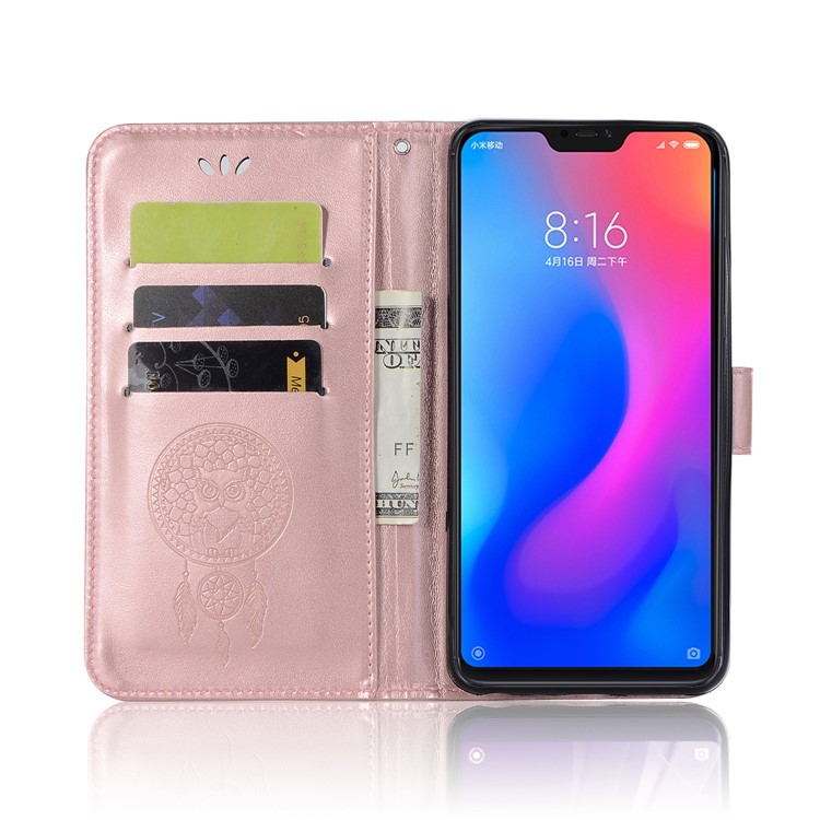 Imprint Owl Dream Catcher Wallet Stand Leather Cover Shell for Xiaomi Redmi Note 6 Pro - Rose Gold-6