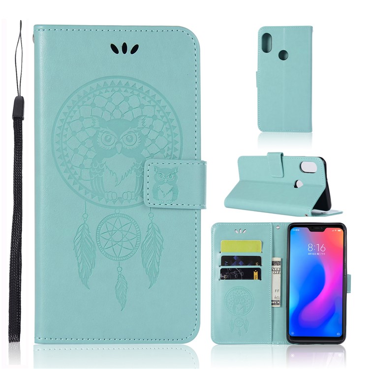 Imprint Owl Dream Catcher Wallet Stand Leather Phone Cover with Card Holders for Xiaomi Redmi Note 6 Pro - Cyan-1