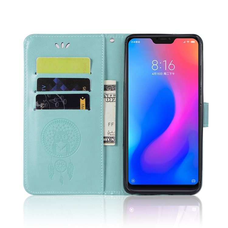 Imprint Owl Dream Catcher Wallet Stand Leather Phone Cover with Card Holders for Xiaomi Redmi Note 6 Pro - Cyan-6