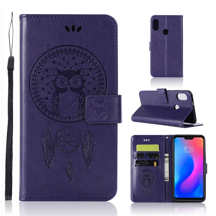 Para Xiaomi Redmi Note 6 Imprint Owl Dream Catcher Billetera Soporte De Cuero Teléfono Folio Accesorio Caso - Púrpura-1