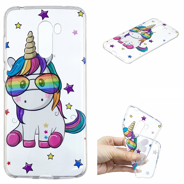Embossment Protection Pattern Printing TPU Case for Xiaomi Pocophone F1 / Poco F1 (India) - Unicorn Wearing Glasses-1