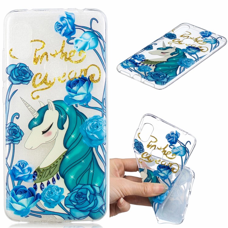 Pattern Printing Embossed TPU Soft Cell Phone Cover for Xiaomi Redmi Note 6 Pro - Unicorn and Blue Flower-1