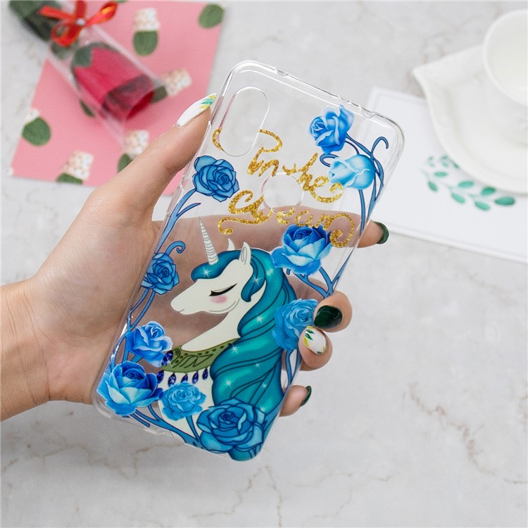 Pattern Printing Embossed TPU Soft Cell Phone Cover for Xiaomi Redmi Note 6 Pro - Unicorn and Blue Flower-6