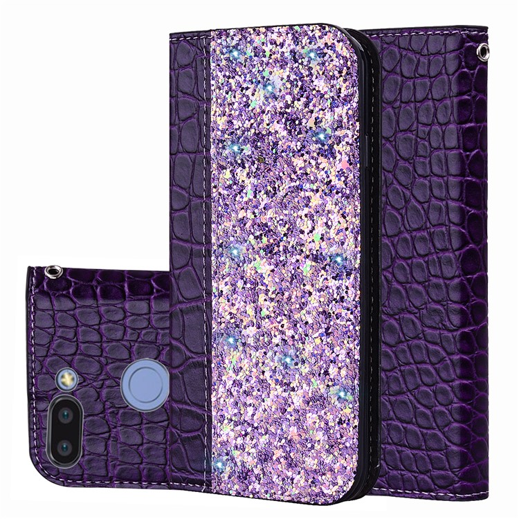 Crocodile Texture Glittery Sequins Splicing PU Leather Cell Phone Cover for Xiaomi Redmi 6 (Dual Camera: 12MP+5MP) - Dark Purple-1