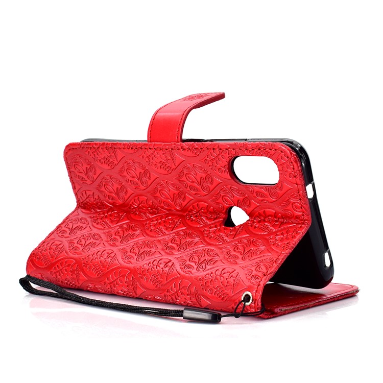 Imprint Leaf Leather Wallet Phone Casing for Xiaomi Mi A2 Lite / Redmi 6 Pro - Red-5