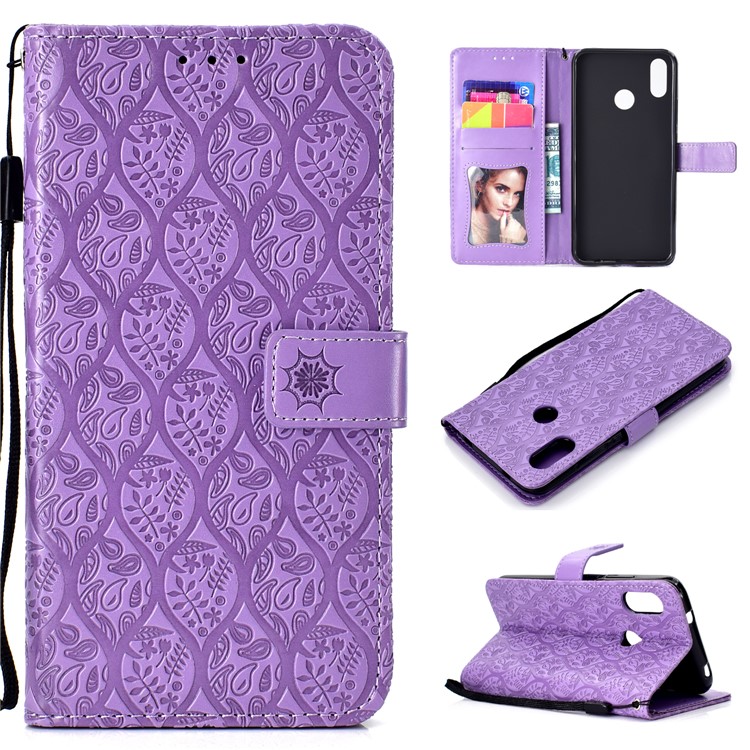 Custodia In Pelle A Portafoglio Con Stampa Foglia In Rilievo Per Xiaomi Mi A2 Lite / Redmi 6 Pro - Viola-1