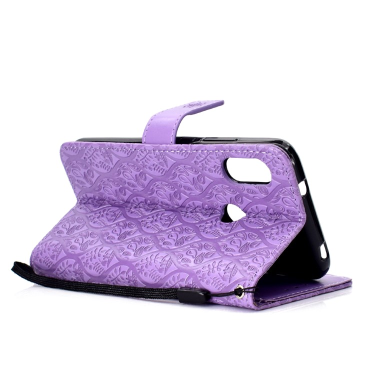 Custodia In Pelle A Portafoglio Con Stampa Foglia In Rilievo Per Xiaomi Mi A2 Lite / Redmi 6 Pro - Viola-5