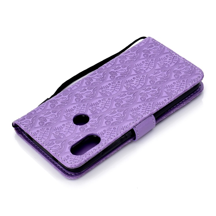 Custodia In Pelle A Portafoglio Con Stampa Foglia In Rilievo Per Xiaomi Mi A2 Lite / Redmi 6 Pro - Viola-7
