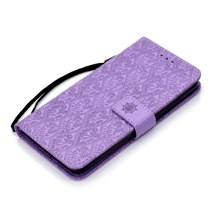 Custodia In Pelle A Portafoglio Con Stampa Foglia In Rilievo Per Xiaomi Mi A2 Lite / Redmi 6 Pro - Viola-8