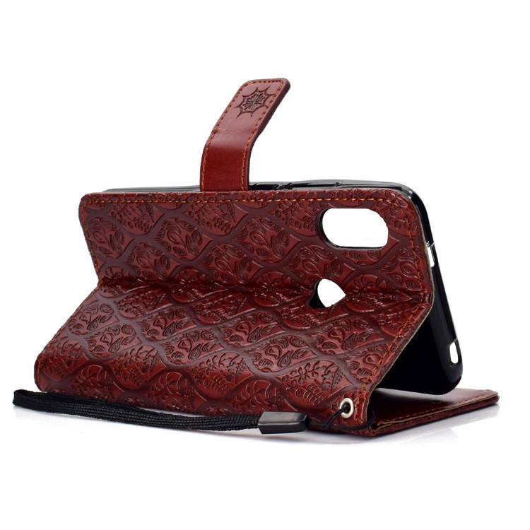 Imprint Leaf Leather Wallet Protector Case for Xiaomi Mi A2 Lite / Redmi 6 Pro - Brown-5