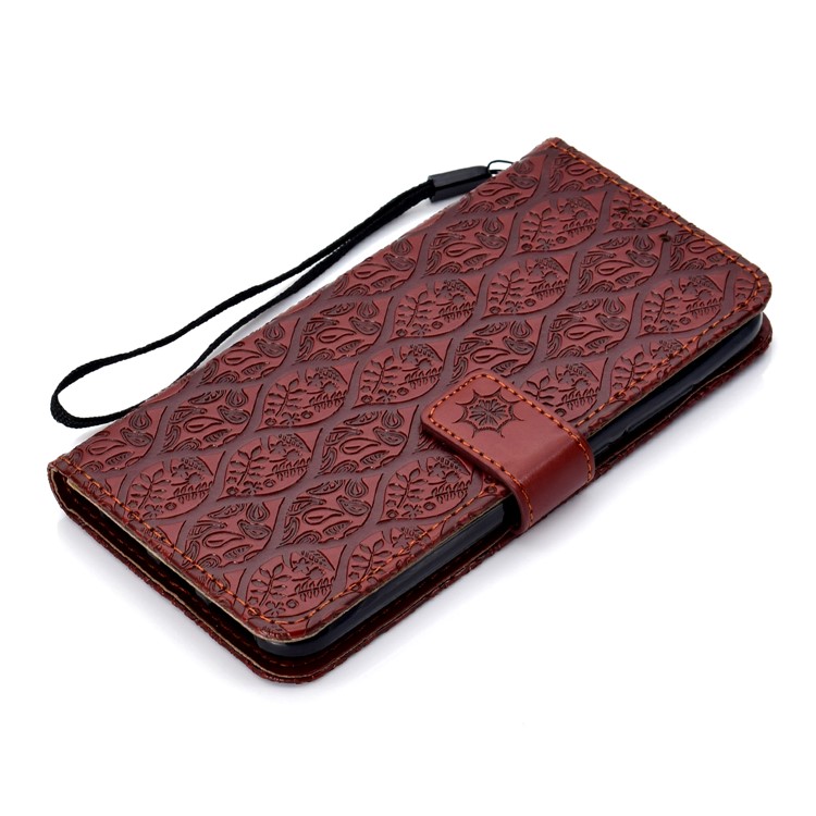 Imprint Leaf Leather Wallet Protector Case for Xiaomi Mi A2 Lite / Redmi 6 Pro - Brown-7