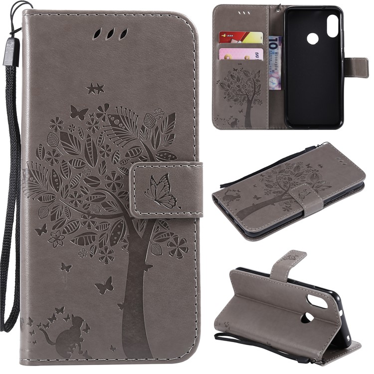 Imprint Cat and Tree PU Leather Cover with Wallet Stand for Xiaomi Mi A2 Lite / Redmi 6 Pro (China) - Grey-1