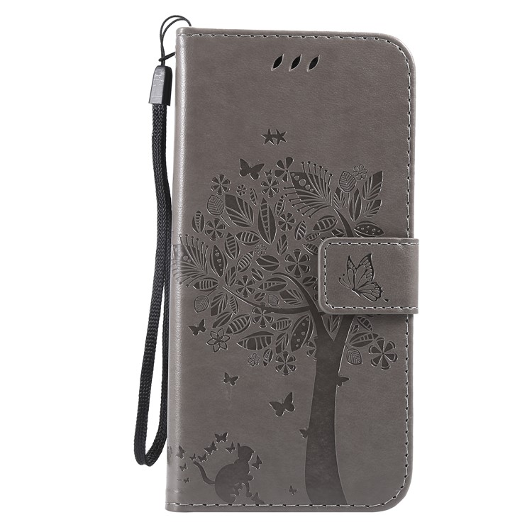 Imprint Cat and Tree PU Leather Cover with Wallet Stand for Xiaomi Mi A2 Lite / Redmi 6 Pro (China) - Grey-2