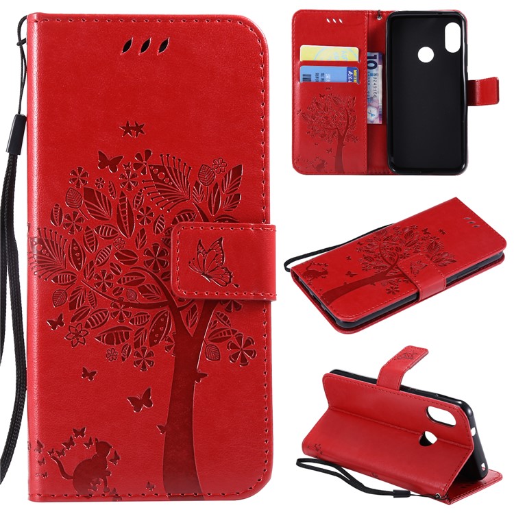 Imprint Cat and Tree PU Leather Shell with Lanyard for Xiaomi Mi A2 Lite / Redmi 6 Pro (China) - Red-1