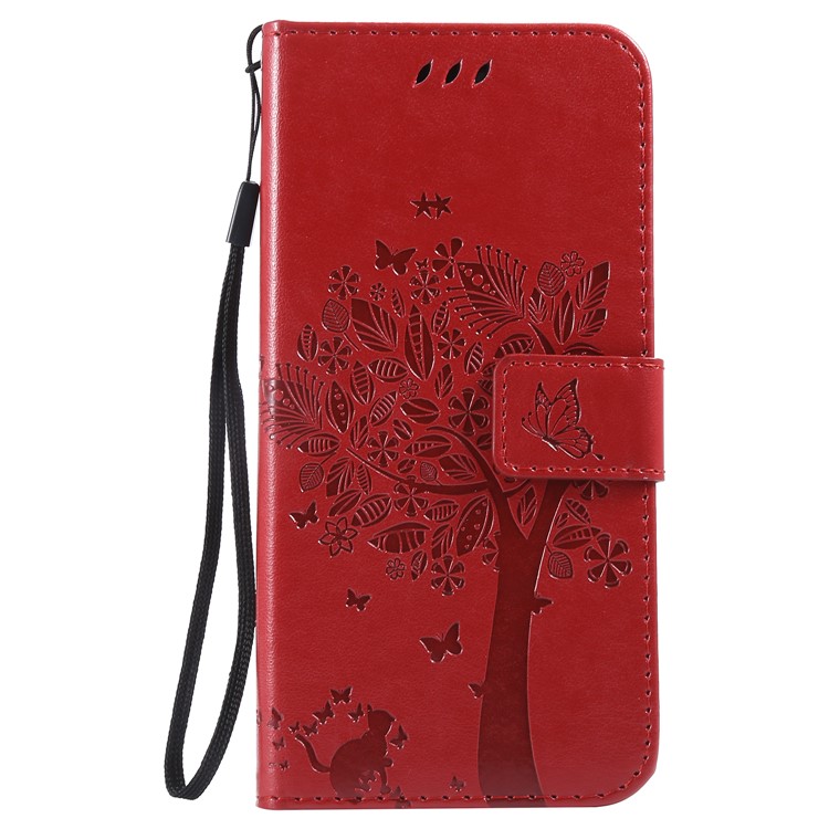 Imprint Cat and Tree PU Leather Shell with Lanyard for Xiaomi Mi A2 Lite / Redmi 6 Pro (China) - Red-2
