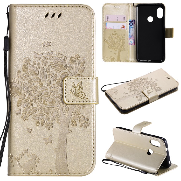 Imprint Cat and Tree Leather Protection Cover for Xiaomi Mi A2 Lite / Redmi 6 Pro (China) - Gold-1