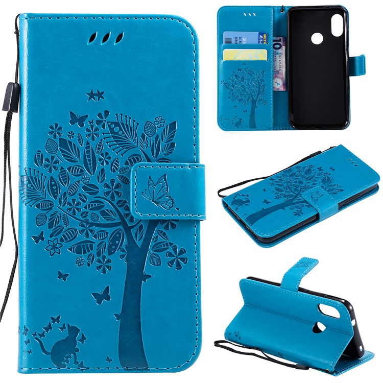 Imprint Cat and Tree Stand Wallet Leather Phone Casing for Xiaomi Mi A2 Lite / Redmi 6 Pro (China) - Blue-1