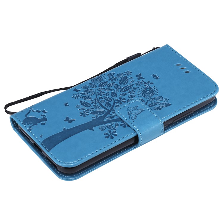 Imprint Cat and Tree Stand Wallet Leather Phone Casing for Xiaomi Mi A2 Lite / Redmi 6 Pro (China) - Blue-5